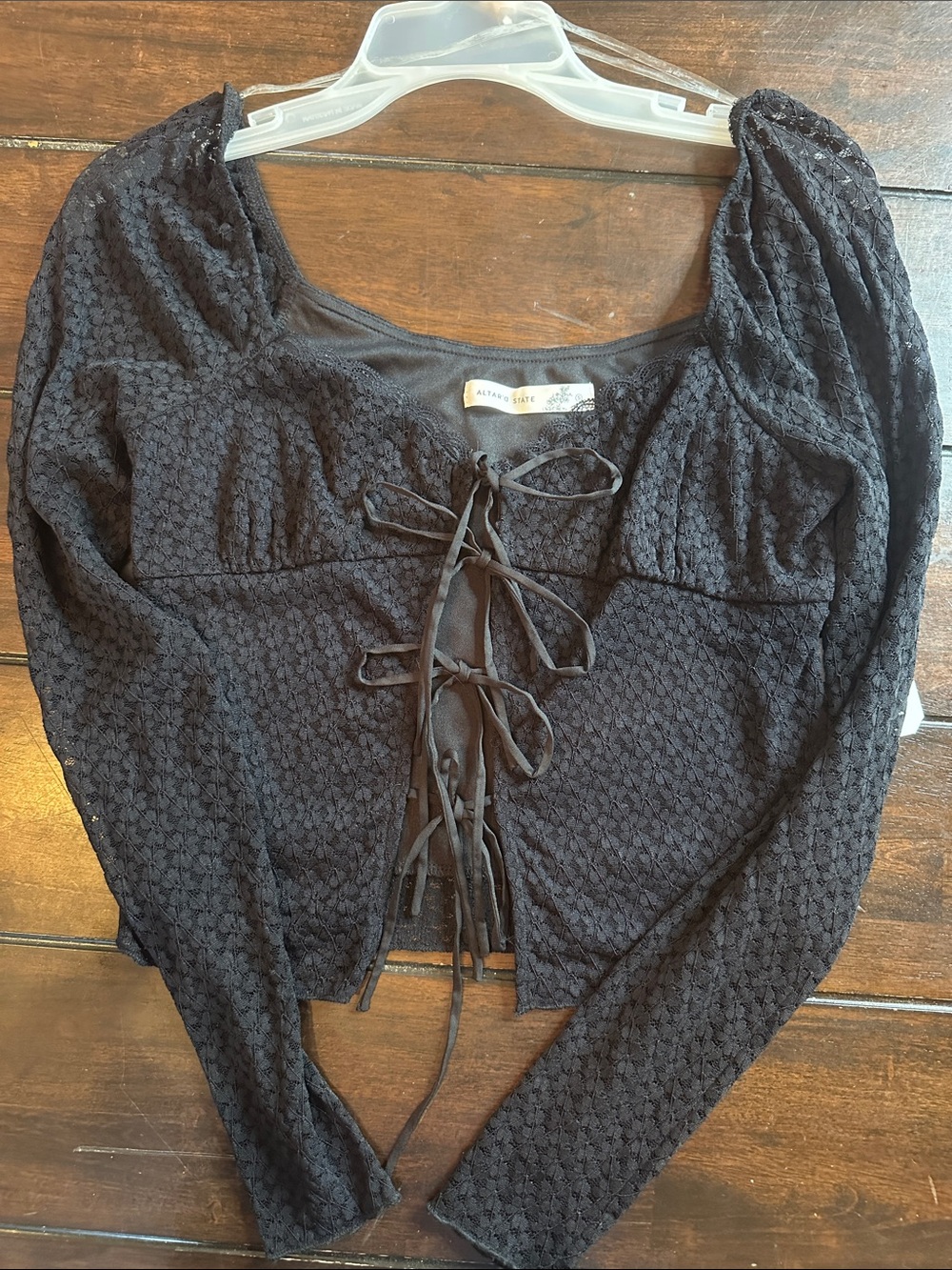 Altar'd State Black Lace-Up Textured Long Sleeve Blouse